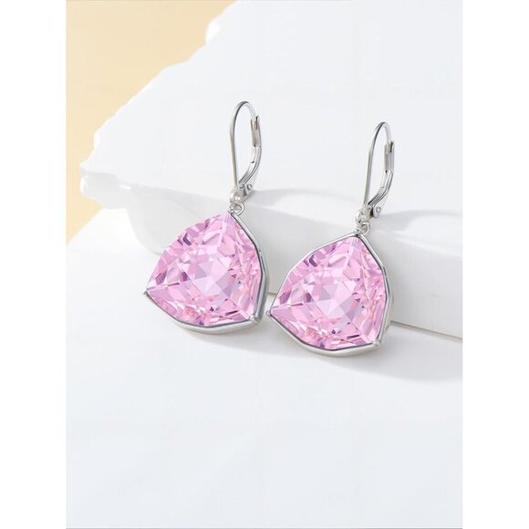 Sterling Silver Pink Tourmaline Geometric Birthstone Dangle Drop Earring Jewelry - Picture 2 of 5